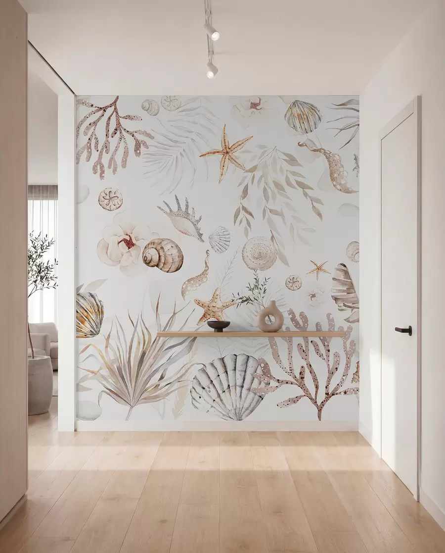 murales de pared Patrón marino acuarela, estilo boho, conchas marinas, corales, algodón, colores beige w00851