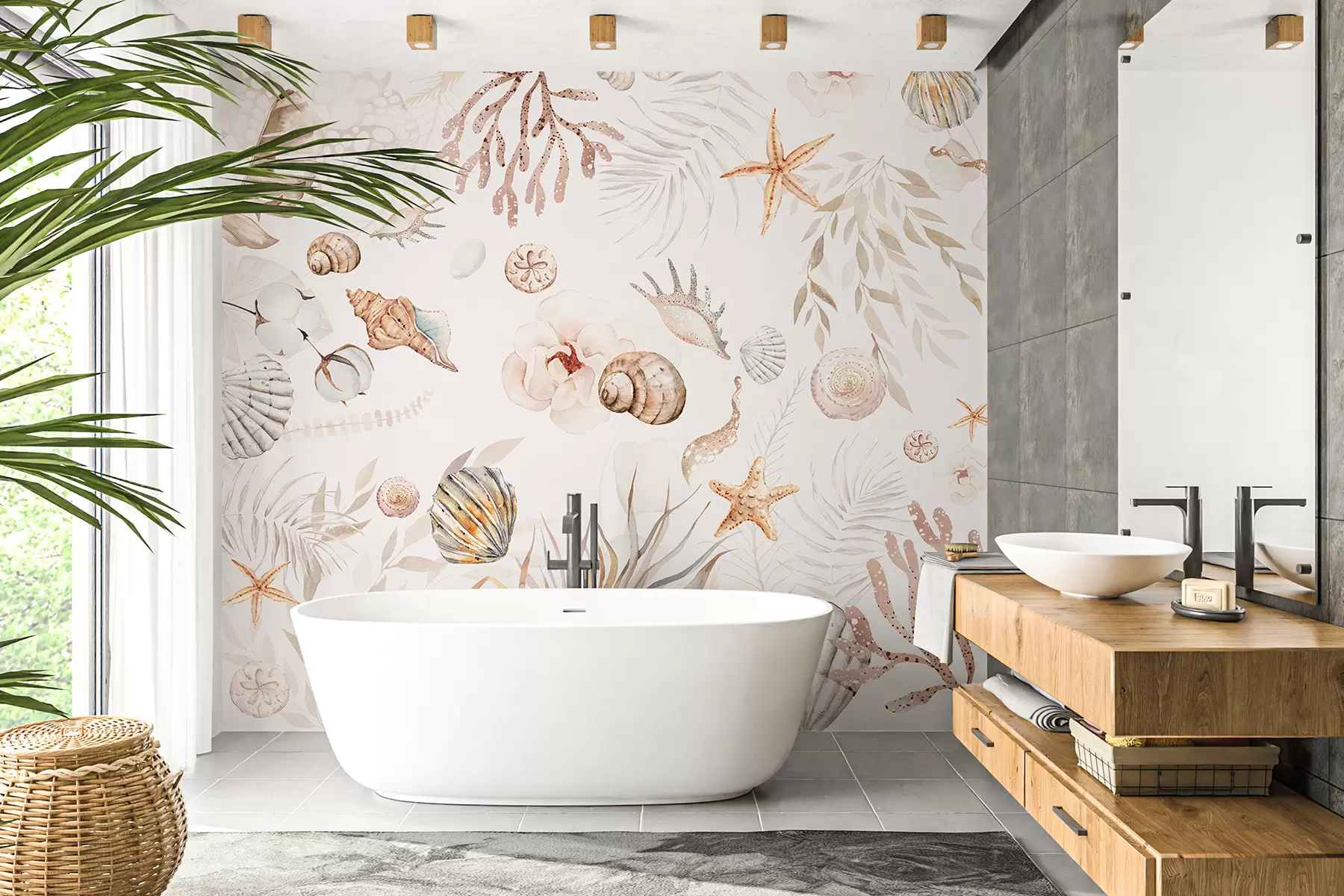 murales de pared Patrón marino acuarela, estilo boho, conchas marinas, corales, algodón, colores beige w00851