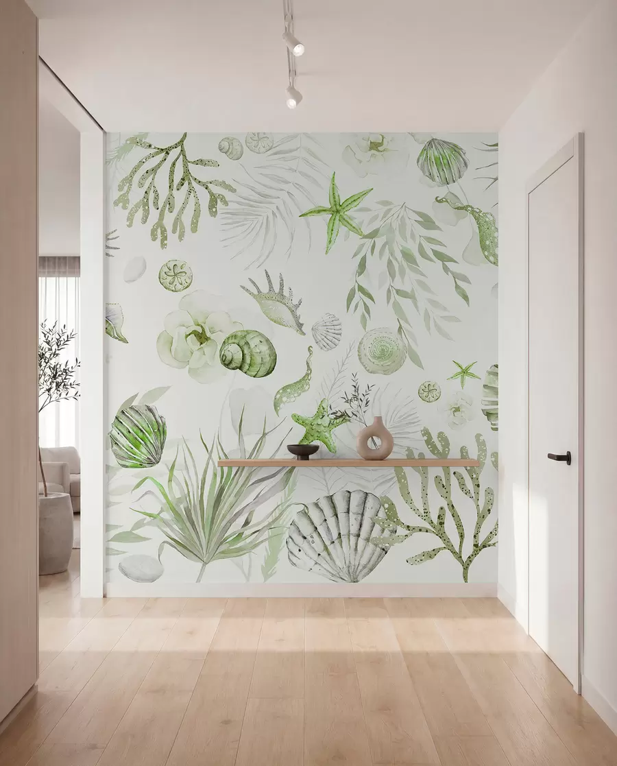 murales de pared Patrón marino acuarela, estilo boho, conchas marinas, corales, algodón, colores verdes w00851v2