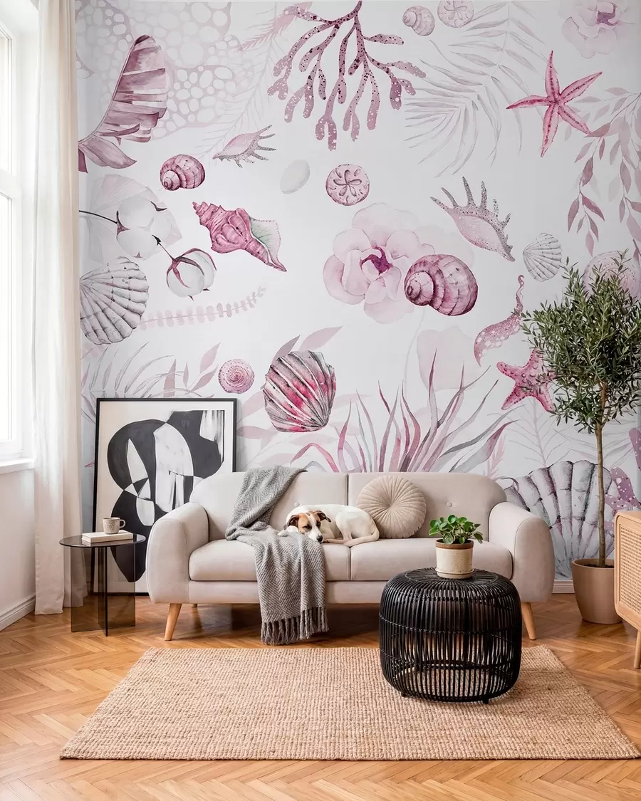 murales de pared Patrón marino acuarela, estilo boho, conchas marinas, corales, algodón, colores rosados w00851v3