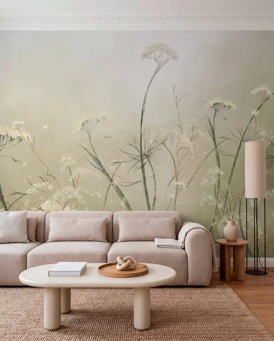 murales de pared Flores silvestres blancas en un campo brumoso con un fondo sepia suave y borroso w00903v1