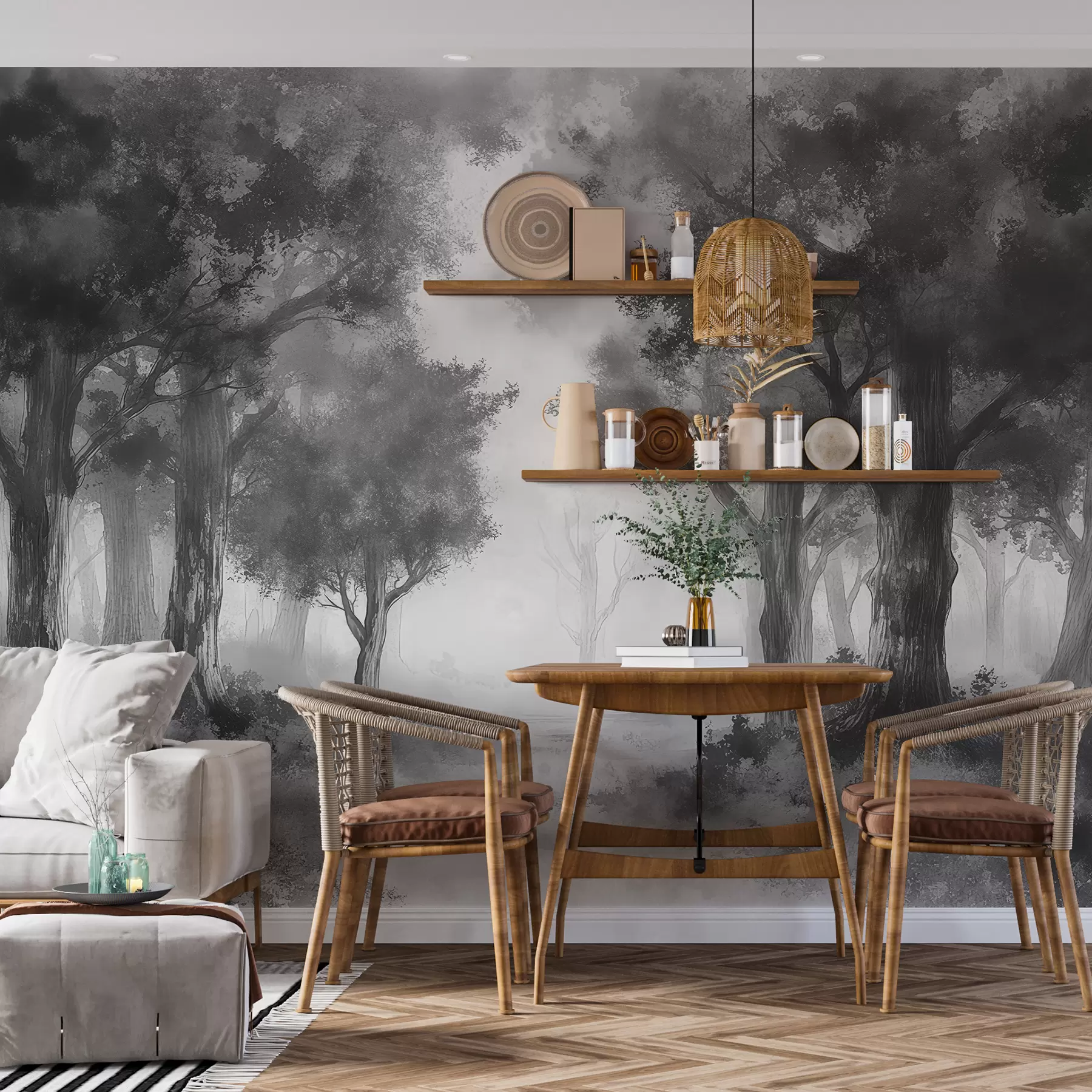 murales de pared Bosque pintado en colores grises w01181