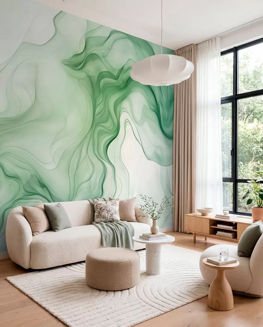 murales de pared Ondas abstractas verdes sobre un fondo claro w01185