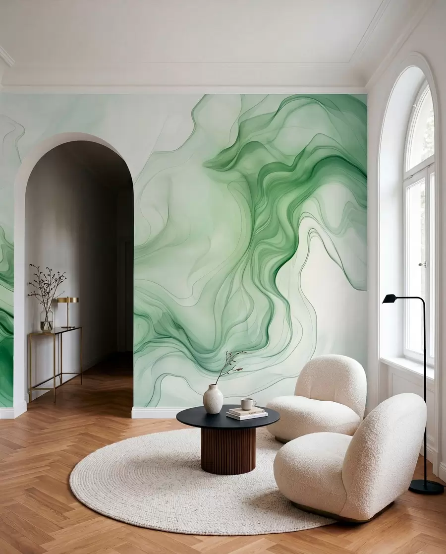 murales de pared Ondas abstractas verdes sobre un fondo claro w01185