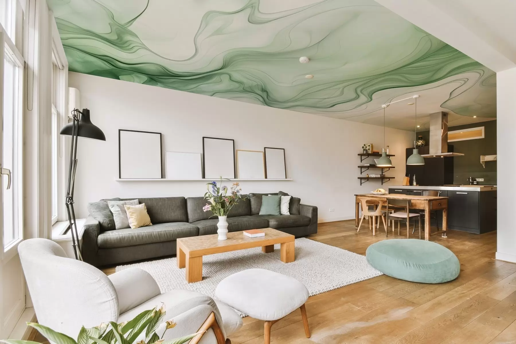 murales de pared Ondas abstractas verdes sobre un fondo claro w01185