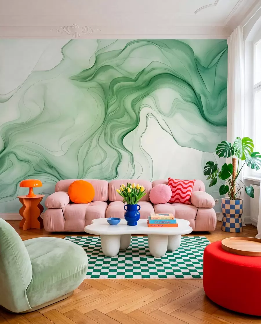 murales de pared Olas abstractas verdes panorámicas sobre un fondo claro w01185d1