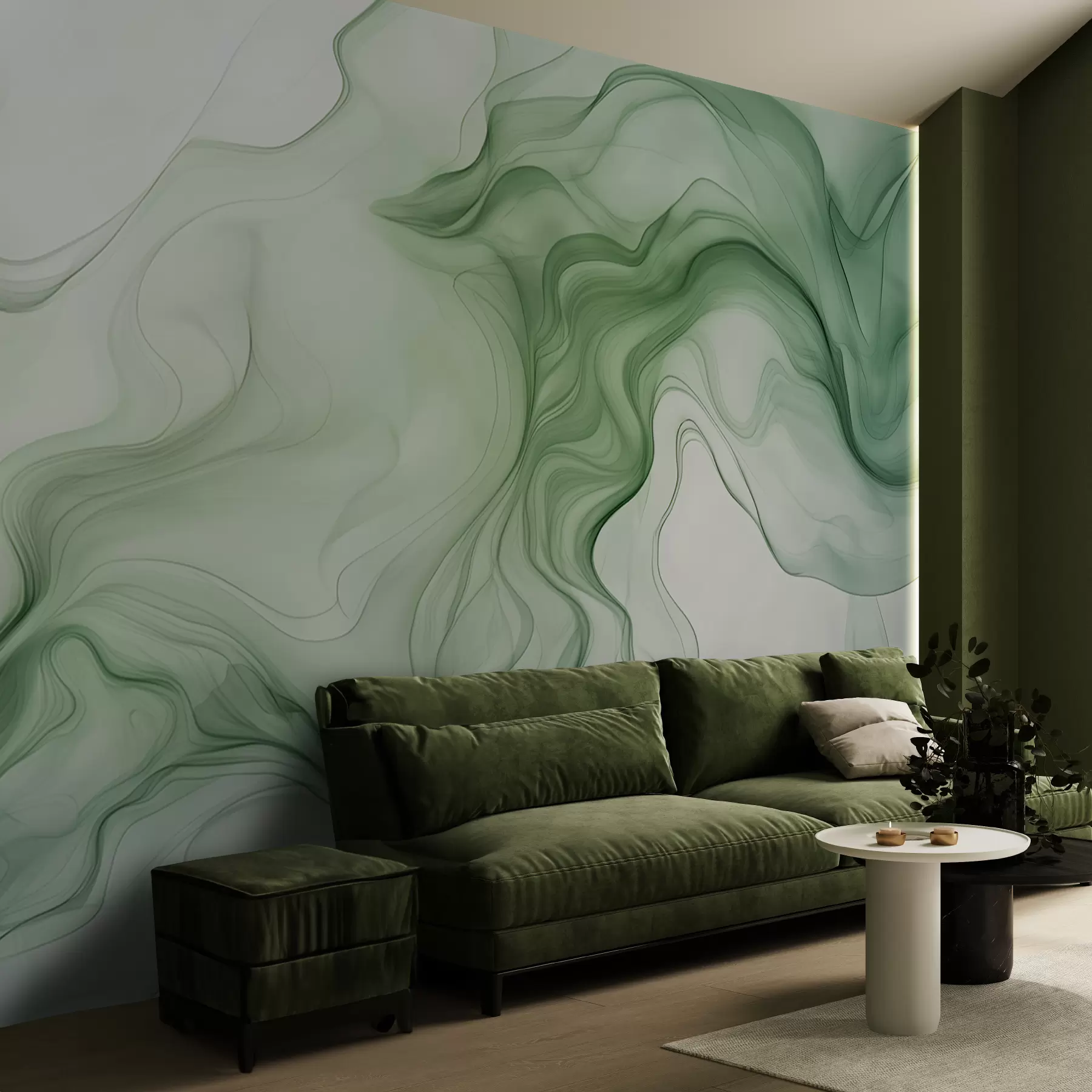 murales de pared Olas abstractas verdes panorámicas sobre un fondo claro w01185d1