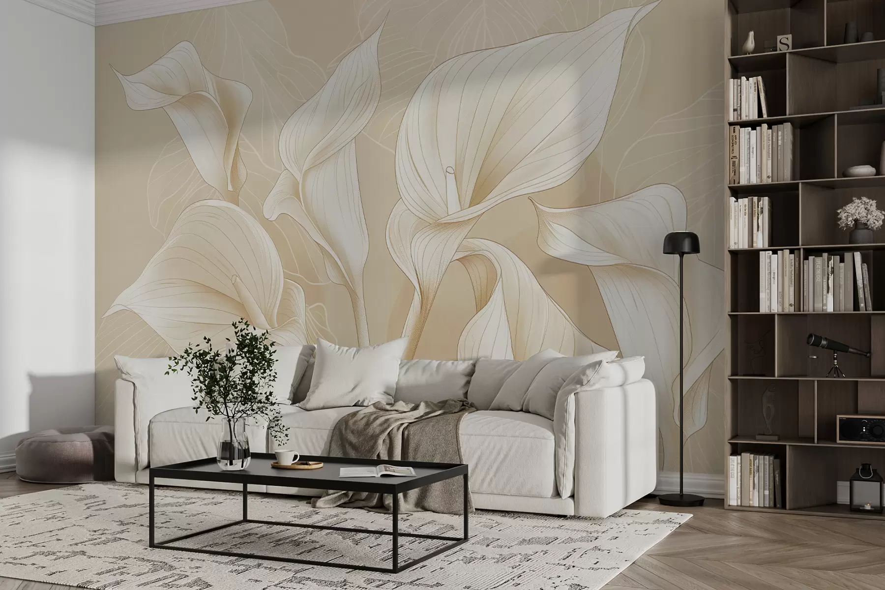 murales de pared flores de cala dibujadas sobre un fondo beige w01197