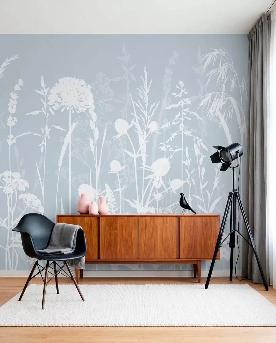 murales de pared Suaves plantas de campo y flores minimalistas de color gris w01270v4