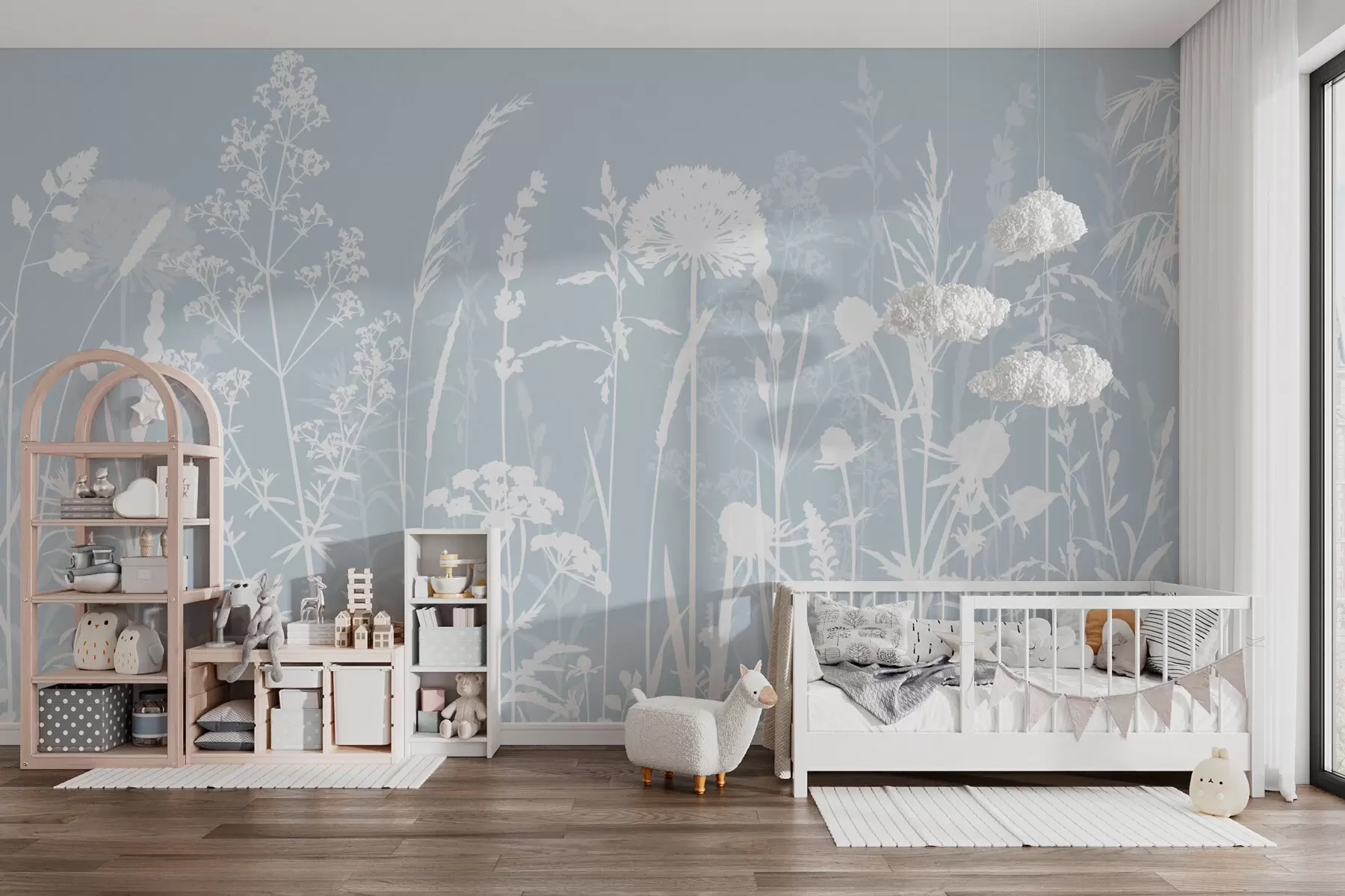 murales de pared Suaves plantas de campo y flores minimalistas de color gris. w01270v4