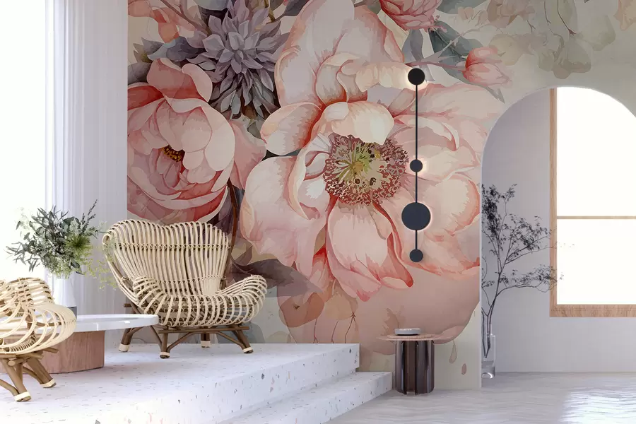 murales de pared Peonías rosas acuarelas con delicados pétalos, rodeadas de exuberante vegetación pastel y otras flores w01245