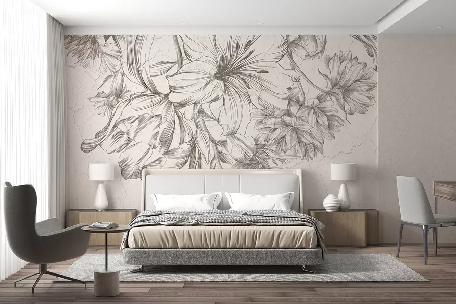 murales de pared Un boceto en blanco y negro de una impresión gráfica de flores grandes w01253