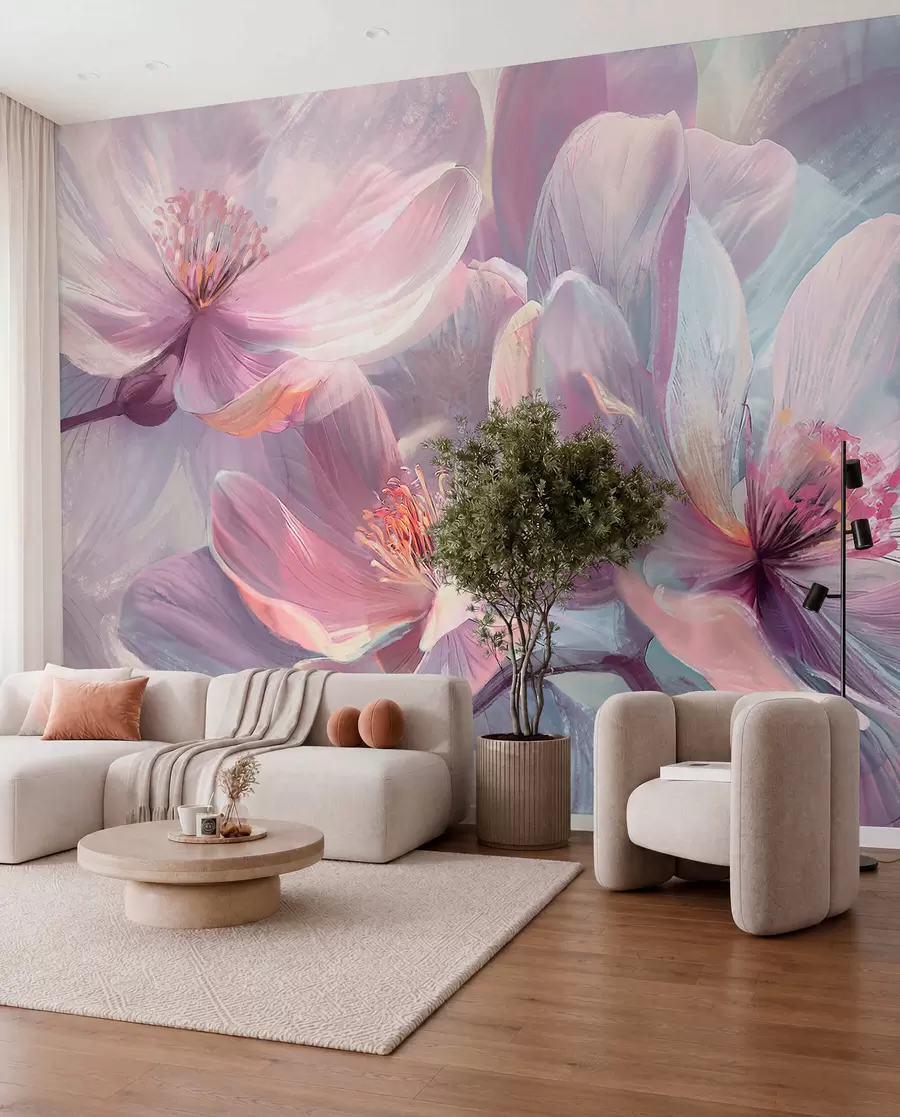 murales de pared Delicadas flores transparentes de neón pastel, rosa claro y blanco, con fondo suave y borroso w01307