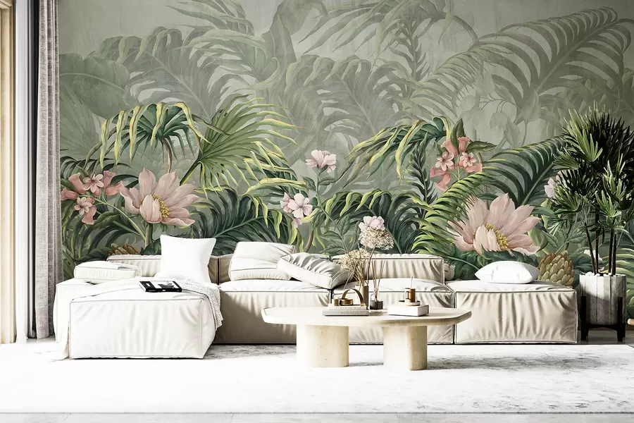 murales de pared Una exuberante selva tropical, hojas de palmeras verdes y helechos en primer plano con flores w01309