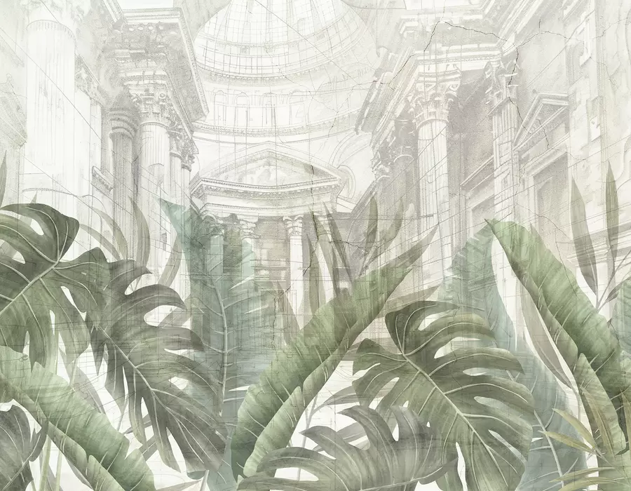 murales de pared Un gran dibujo arquitectónico adornado con columnas de mármol y exuberantes plantas verdes tropicales w01311