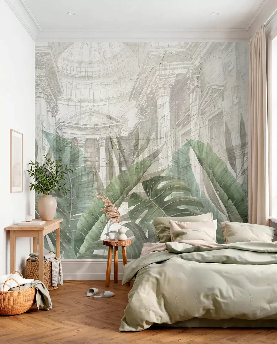 murales de pared Un gran dibujo arquitectónico adornado con columnas de mármol y exuberantes plantas verdes tropicales w01311