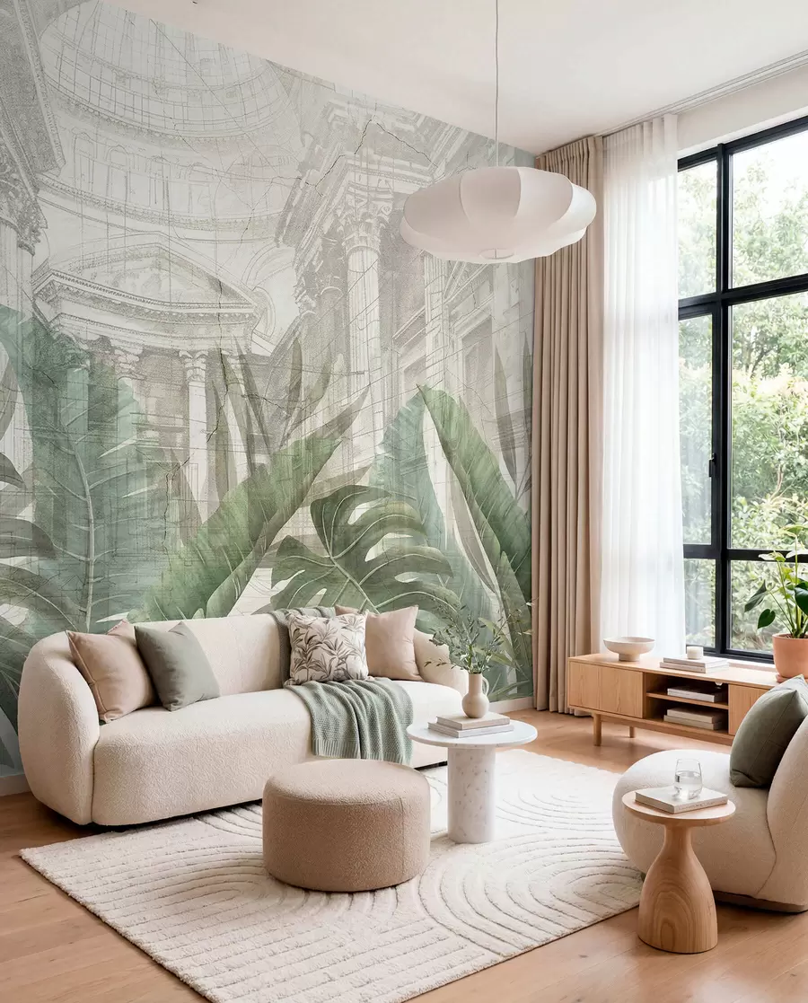 murales de pared Un gran dibujo arquitectónico adornado con columnas de mármol y exuberantes plantas verdes tropicales w01311