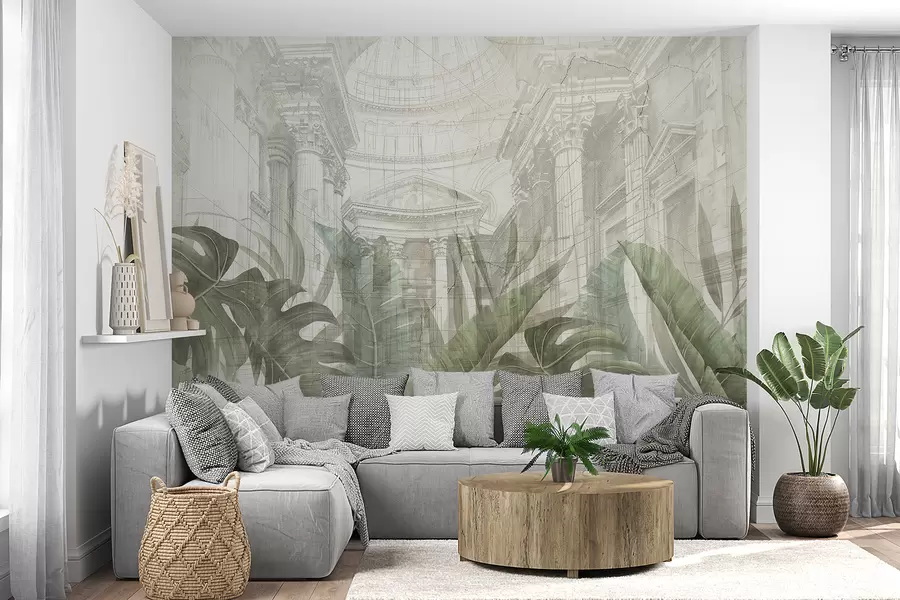 murales de pared Un gran dibujo arquitectónico adornado con columnas de mármol y exuberantes plantas verdes tropicales w01311