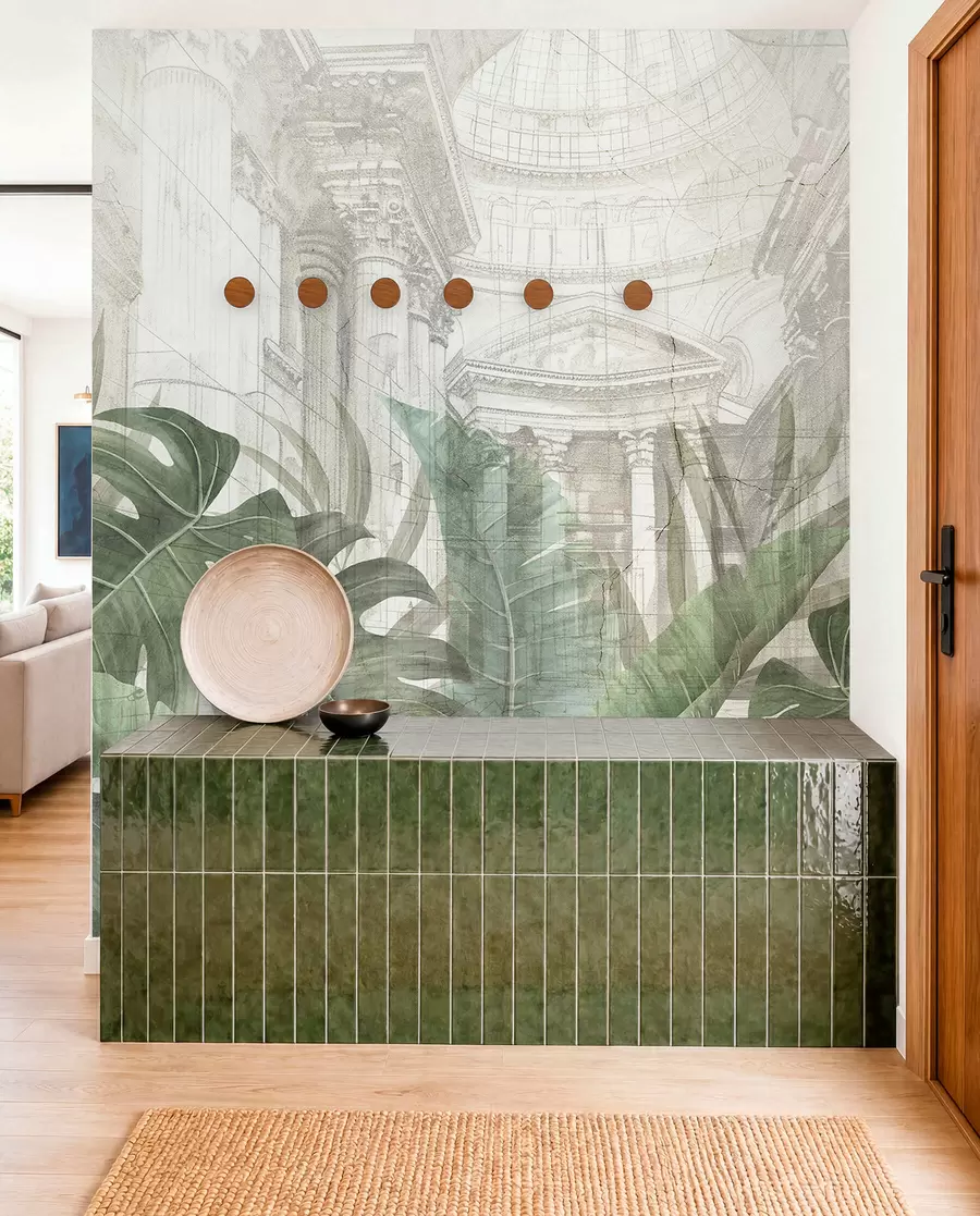 murales de pared Un gran dibujo arquitectónico adornado con columnas de mármol y exuberantes plantas verdes tropicales w01311