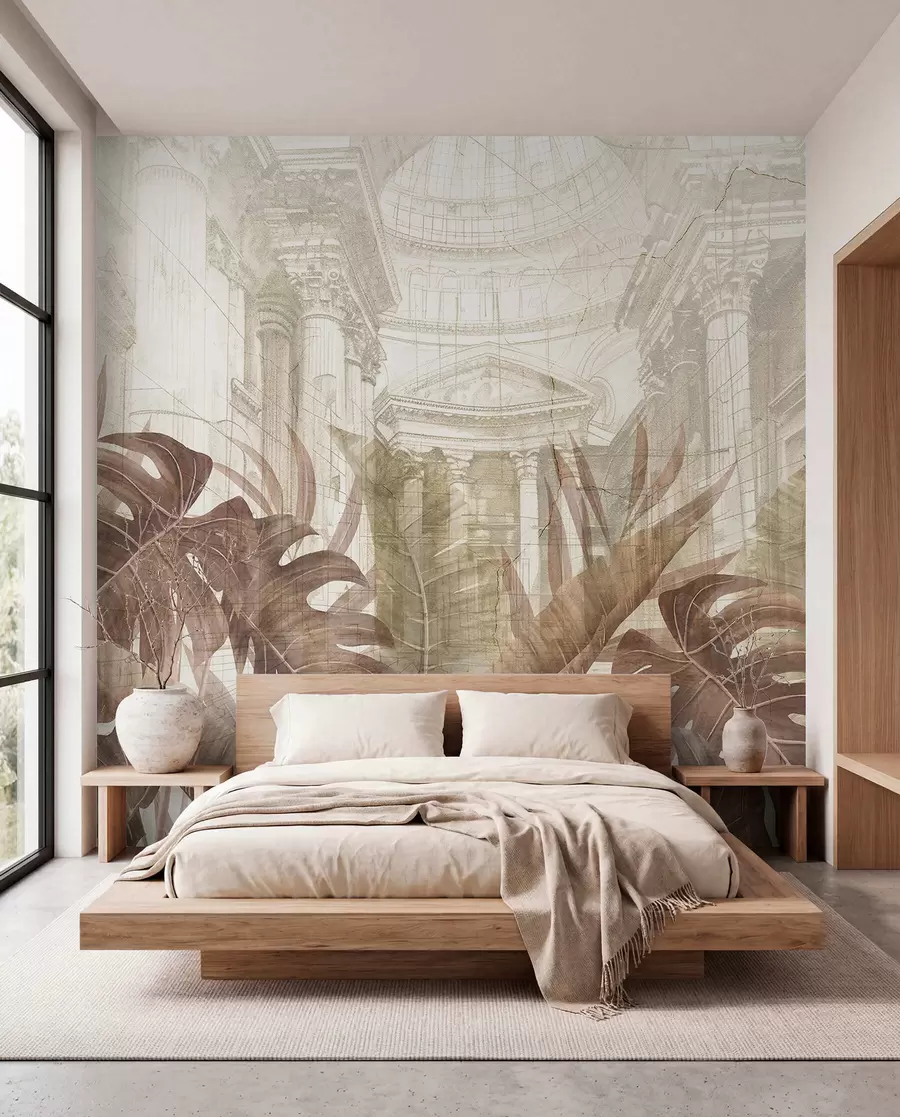 murales de pared Un gran dibujo arquitectónico adornado con columnas de mármol y exuberantes plantas tropicales de color sepia w01311v1
