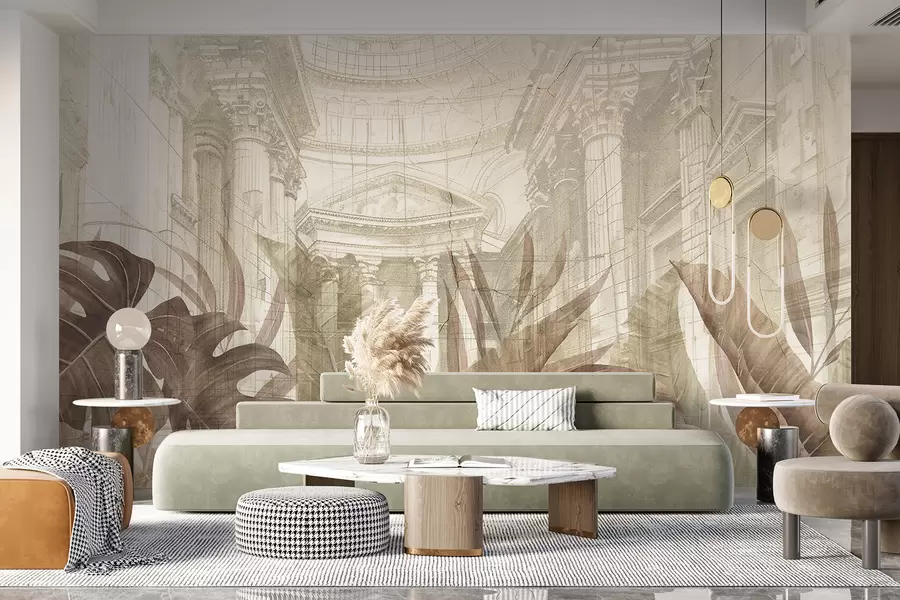 murales de pared Un gran dibujo arquitectónico adornado con columnas de mármol y exuberantes plantas tropicales de color sepia w01311v1