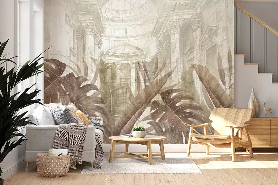 murales de pared Un gran dibujo arquitectónico adornado con columnas de mármol y exuberantes plantas tropicales de color sepia w01311v1