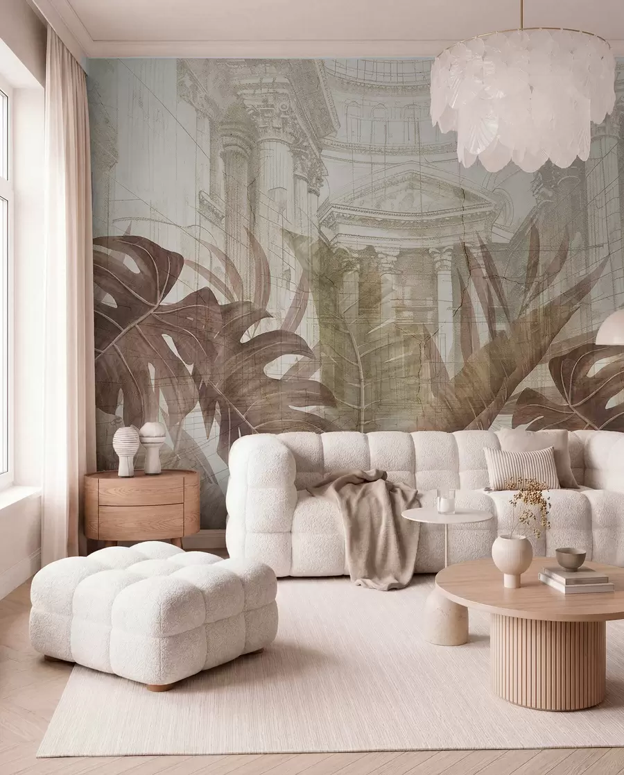 murales de pared Un gran dibujo arquitectónico adornado con columnas de mármol y exuberantes plantas tropicales de color sepia w01311v1