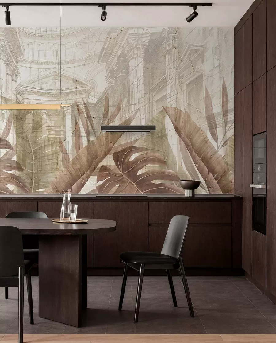 murales de pared Un gran dibujo arquitectónico adornado con columnas de mármol y exuberantes plantas tropicales de color sepia w01311v1