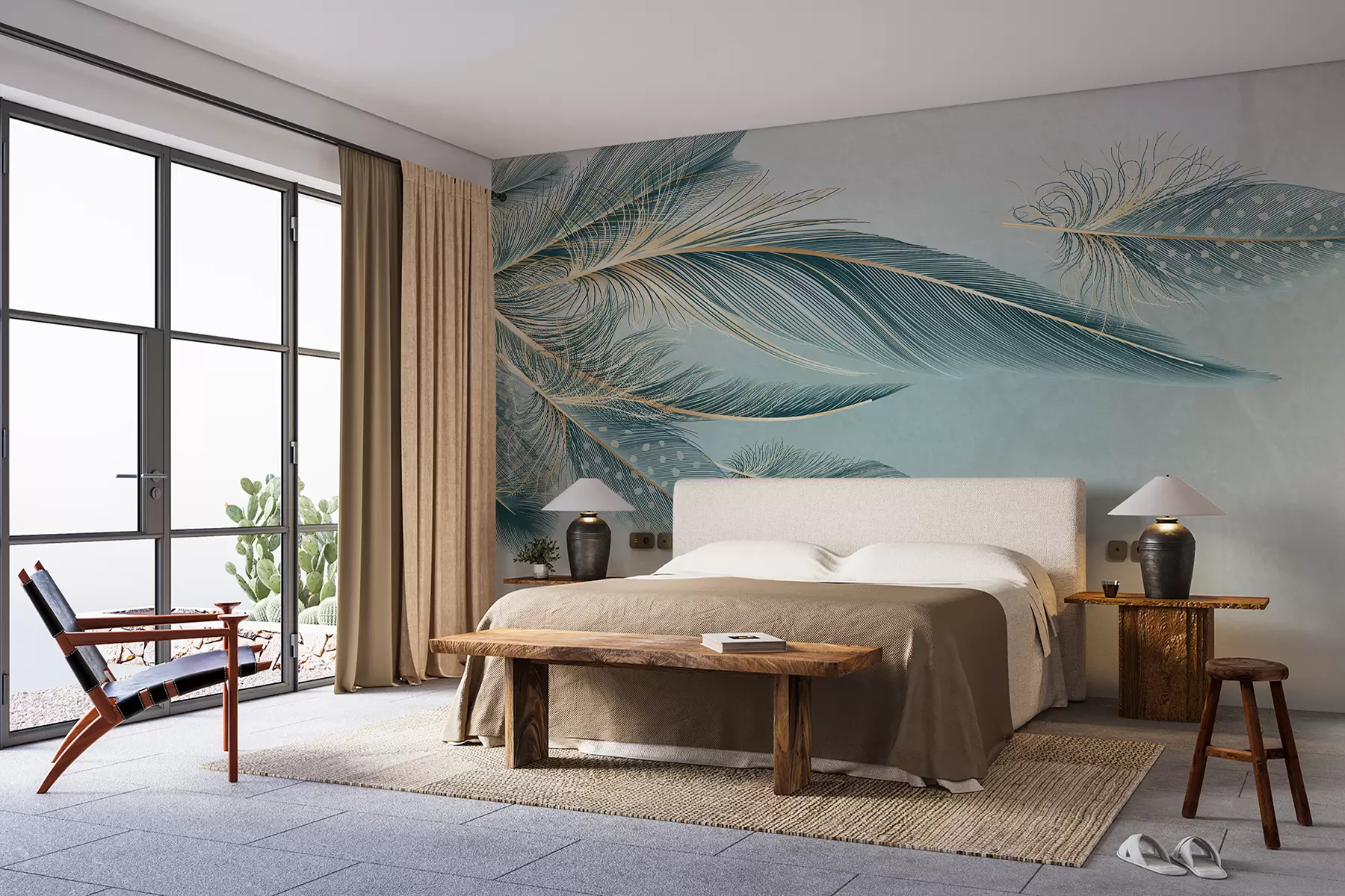 murales de pared Delicadas plumas en tonos azules w01312