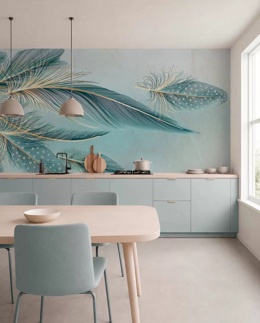 murales de pared Delicadas plumas en tonos azules w01312