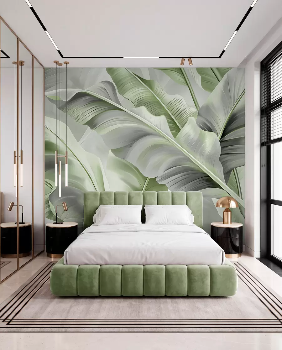 murales de pared lujosas hojas de plátano grandes en tonos gris verdosos w07876v3