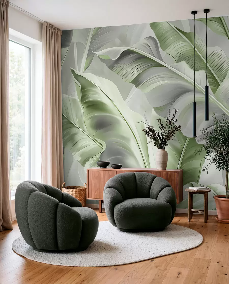 murales de pared lujosas hojas de plátano grandes en tonos gris verdosos w07876v3