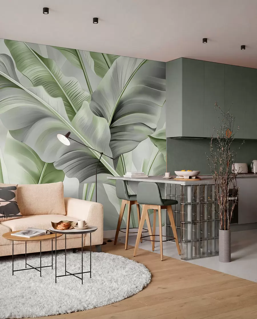 murales de pared lujosas hojas de plátano grandes en tonos gris verdosos w07876v3