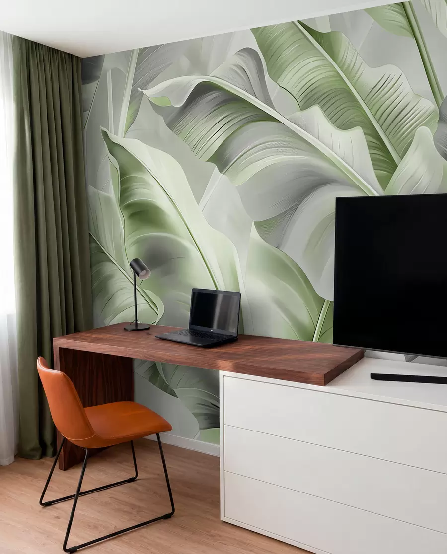 murales de pared lujosas hojas de plátano grandes en tonos gris verdosos w07876v3
