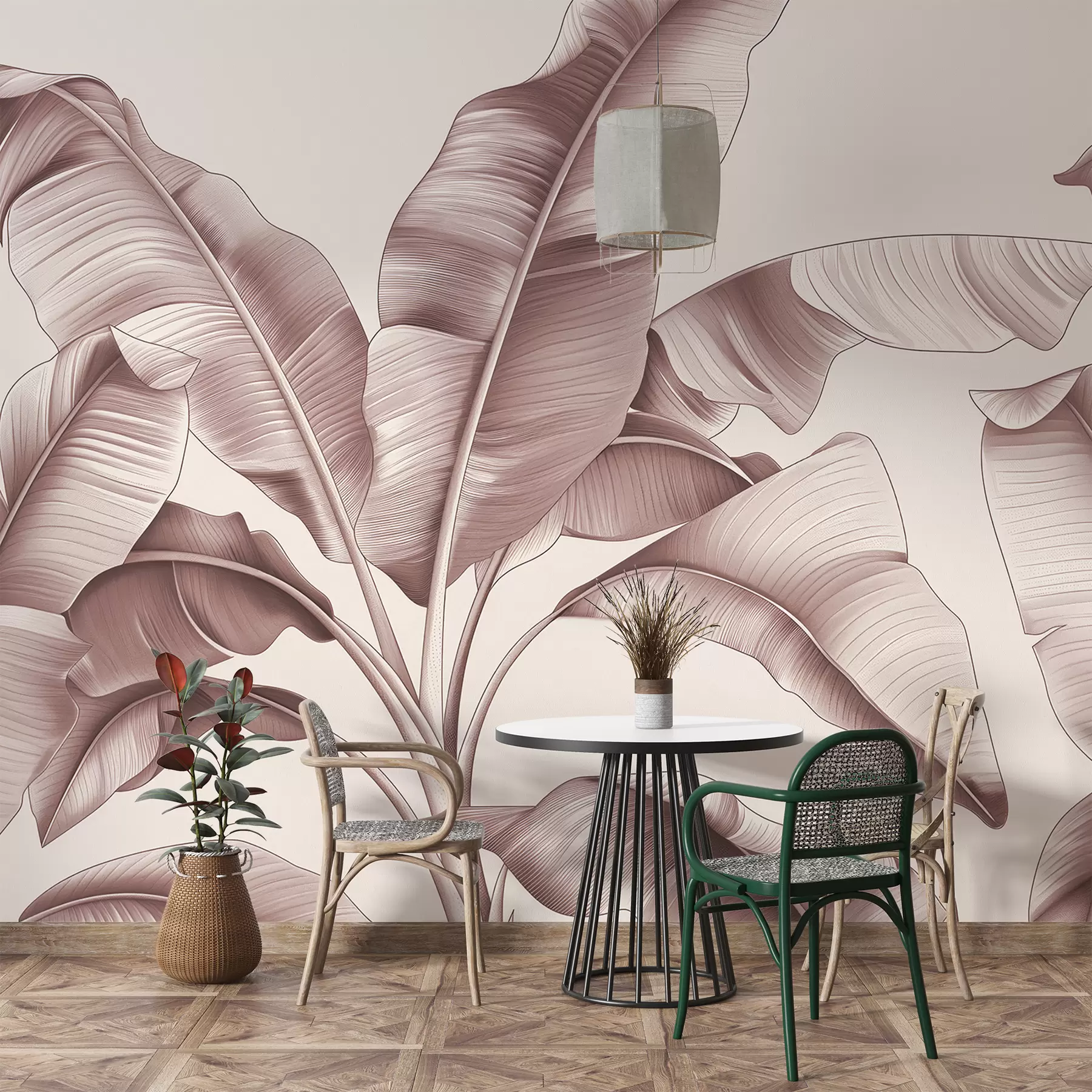 murales de pared grandes hojas de plátano dibujadas en rosa pastel w07877v1