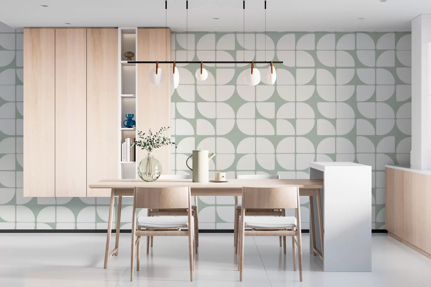 murales de pared Papel pintado geométrico estilo bauhaus tendencia retro en color verde oscuro w07907v2