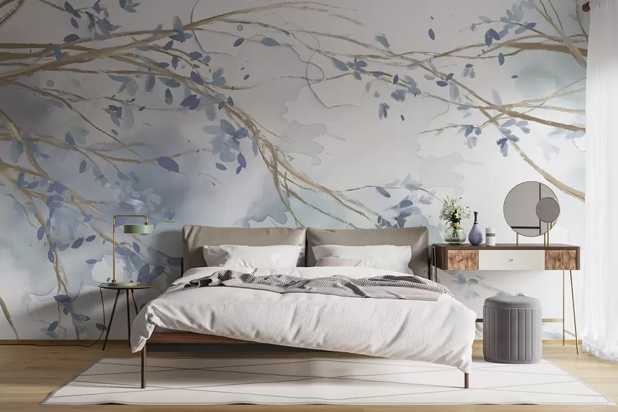 murales de pared Delicadas ramas florales azules y blancas con fondo de acuarela suave y borroso w07919