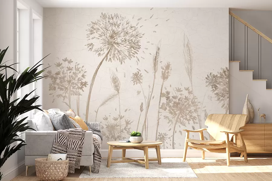 murales de pared Un campo de dientes de león y otras flores silvestres sobre un fondo suave y brumoso w07921