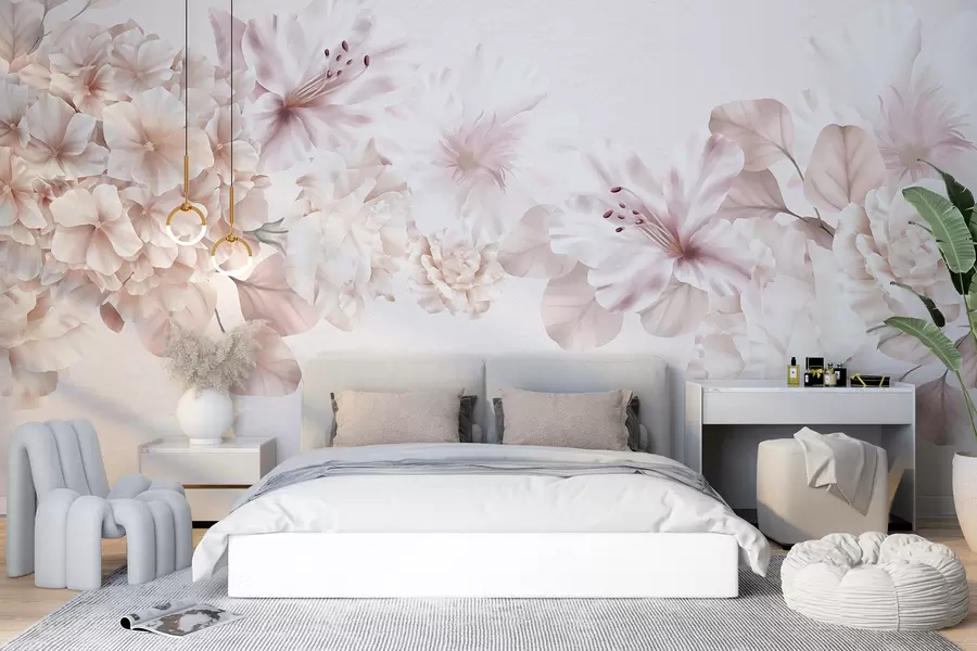 murales de pared Arreglo floral rosa suave y blanco, con delicados pétalos y flores sobre un fondo claro w07923