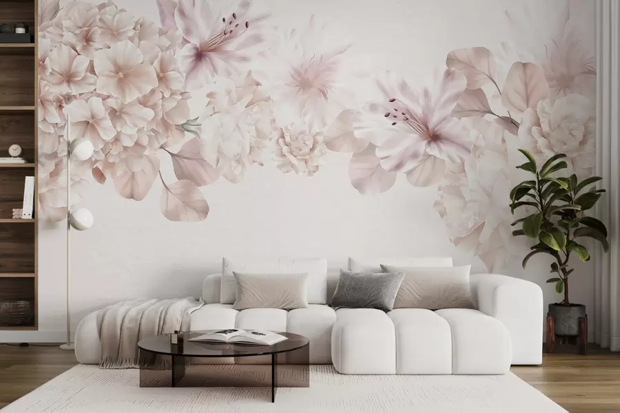 murales de pared Arreglo floral rosa suave y blanco, con delicados pétalos y flores sobre un fondo claro w07923