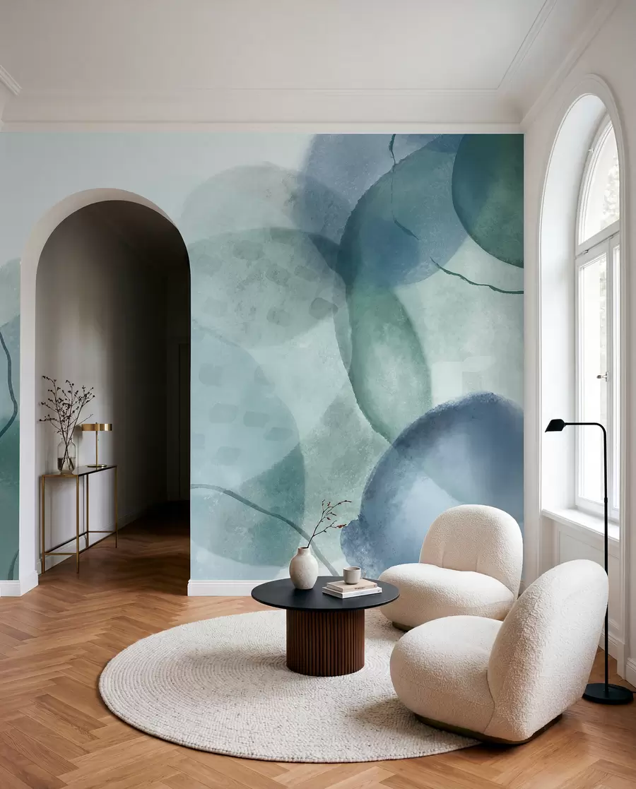 murales de pared Formas abstractas suaves de acuarela en tonos de azul, verde y blanco w07926