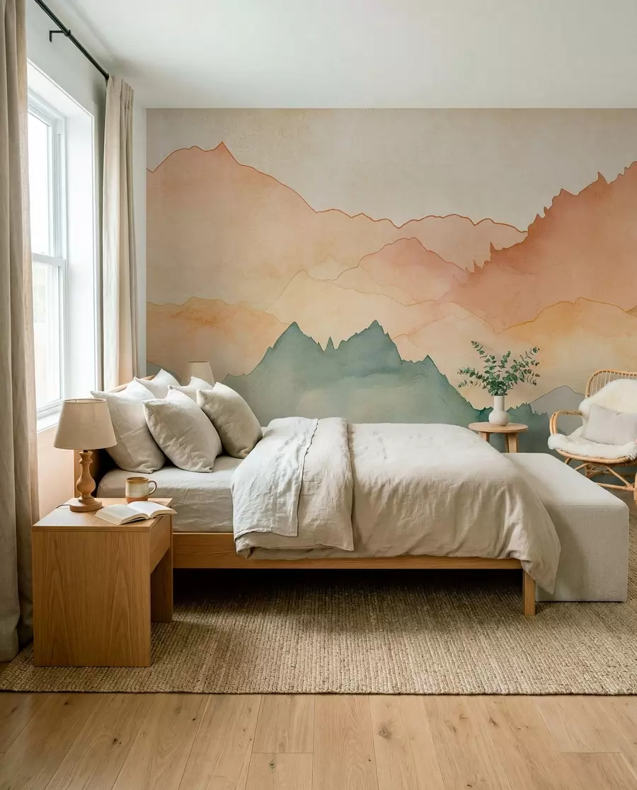 murales de pared Cordilleras, acuarela vintage, color rosa, azul y amarillo w07965