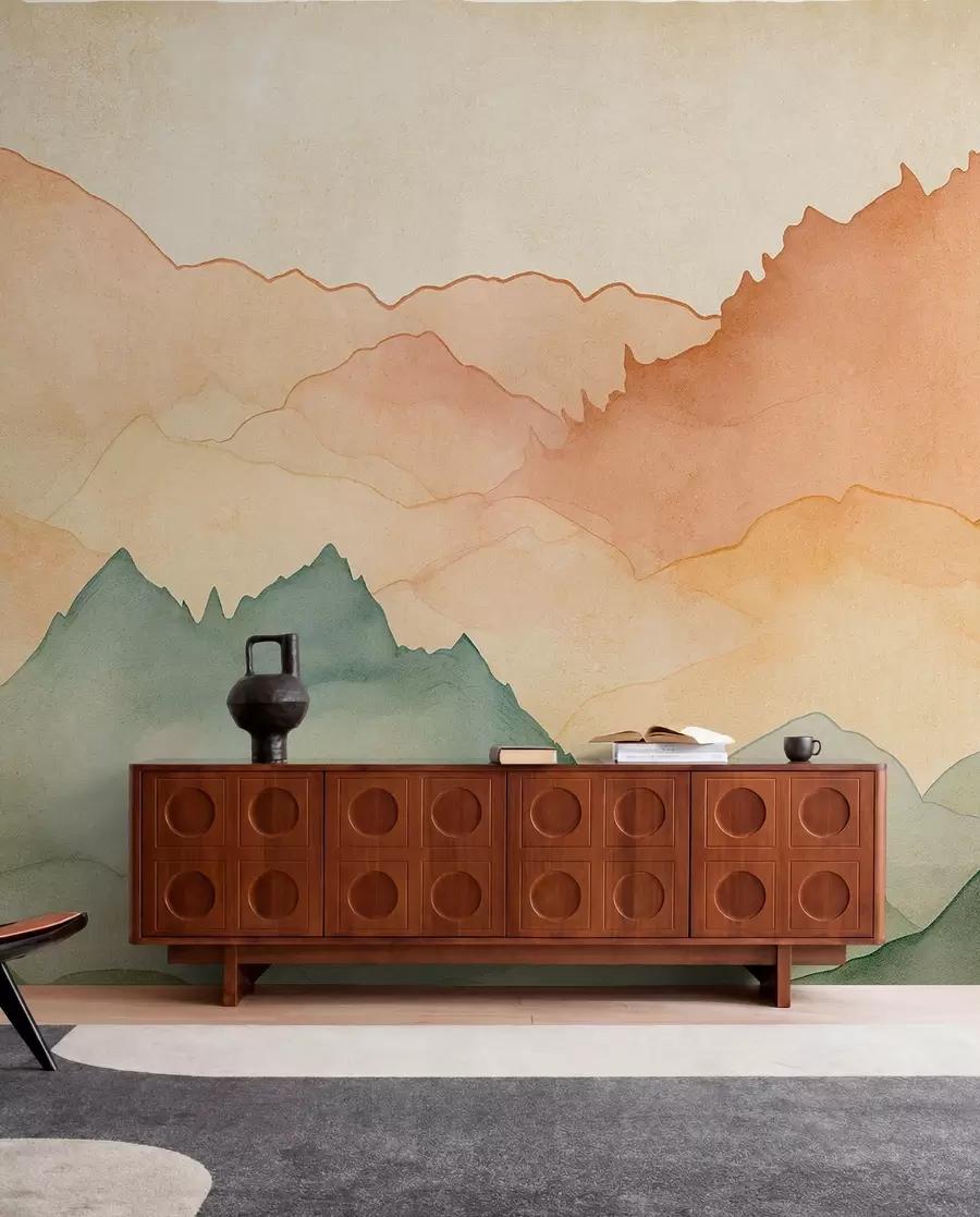 murales de pared Cordilleras, acuarela vintage, color rosa, azul y amarillo w07965