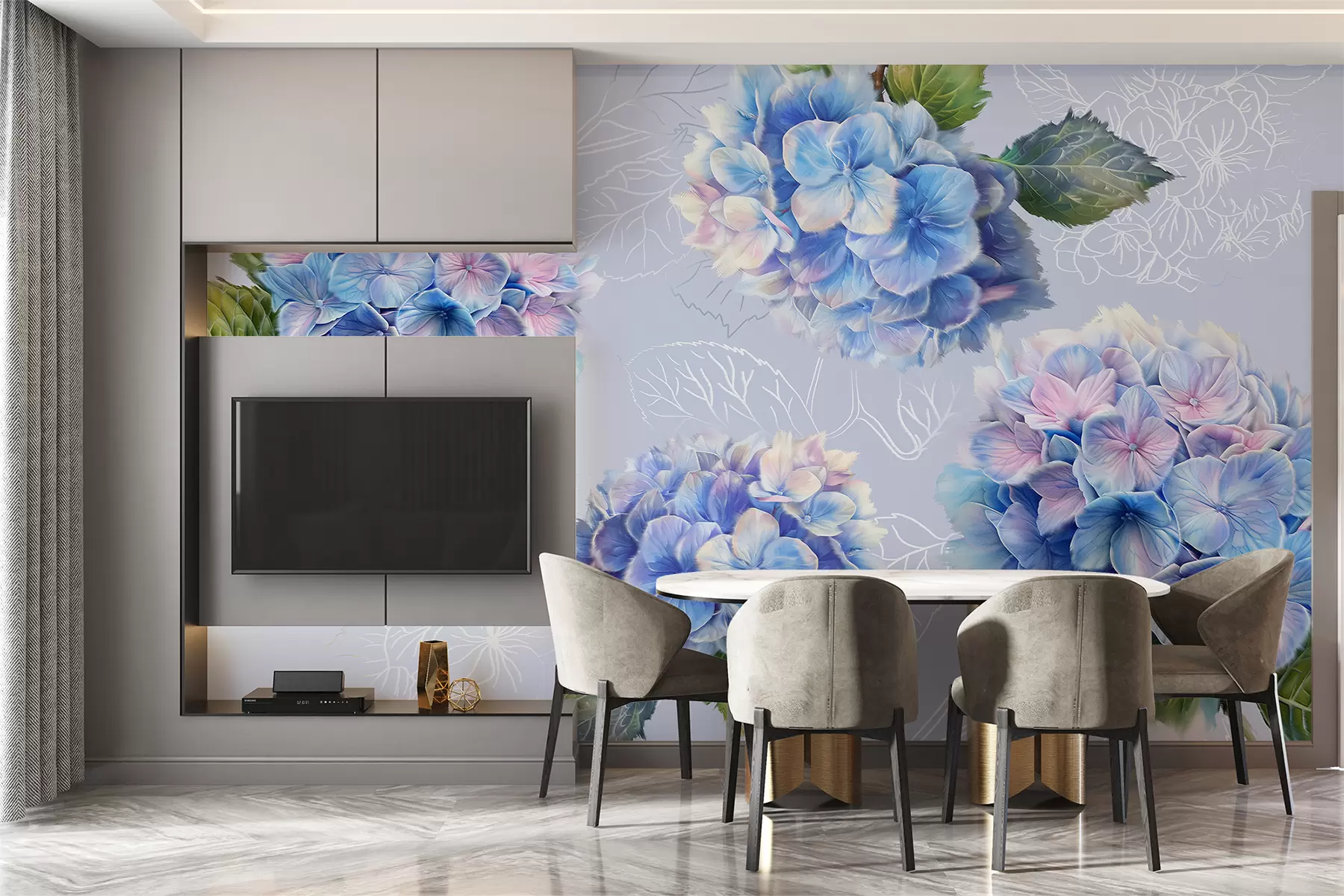 murales de pared Hortensias, dibujo acrílico, arte lineal, botánico, colores violetas w07942v5