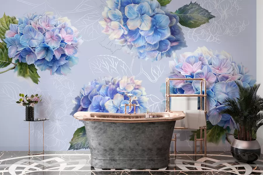 murales de pared Hortensias, dibujo acrílico, arte lineal, botánico, colores violetas w07942v5