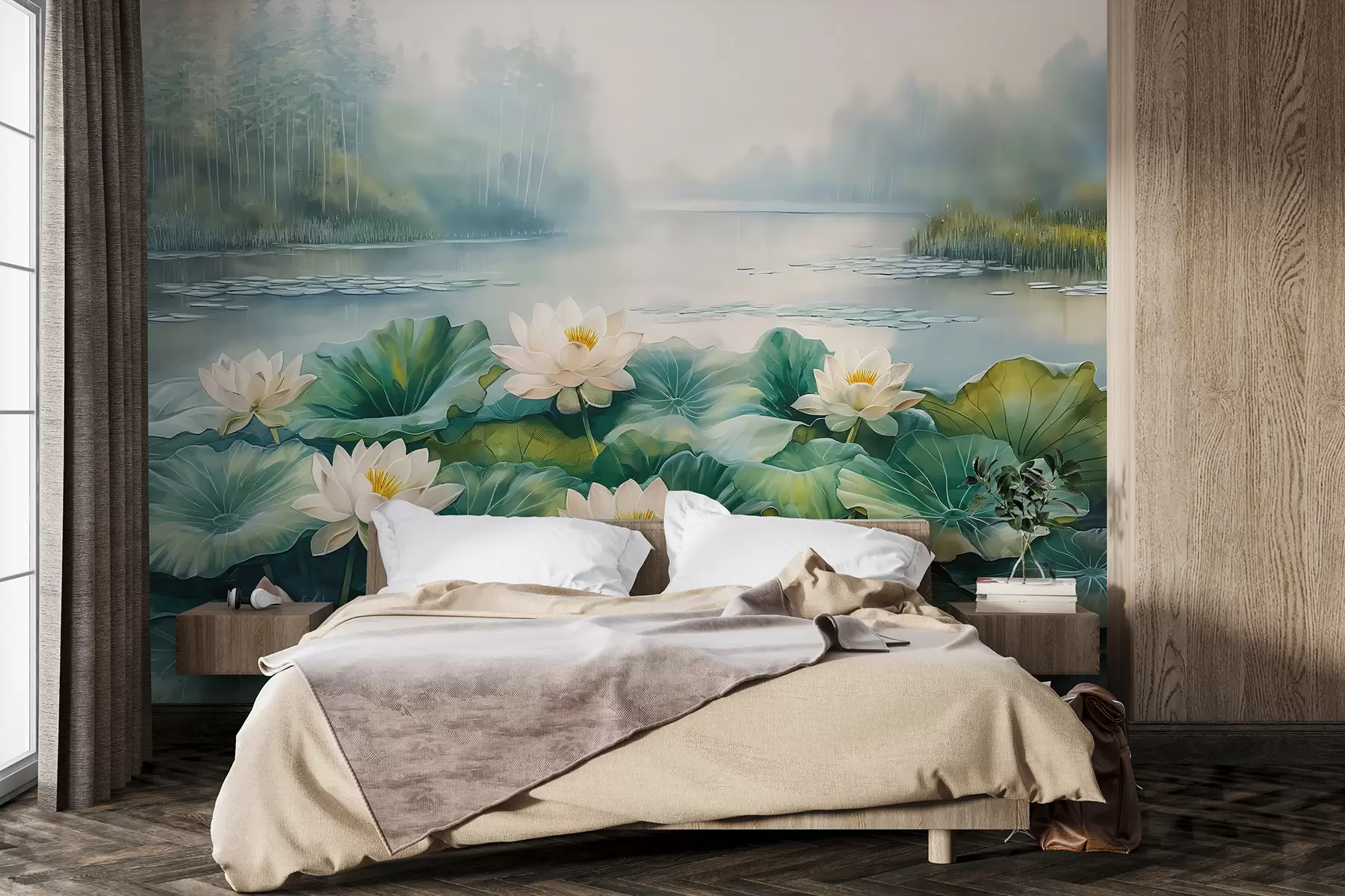 murales de pared Nenúfares, lago del bosque, dibujo acrílico, naturaleza, colores verde y blanco w07957