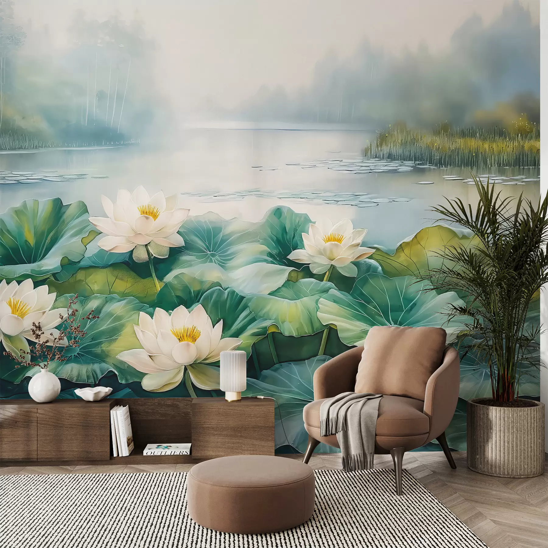 murales de pared Nenúfares, lago del bosque, dibujo acrílico, naturaleza, colores verde y blanco w07957