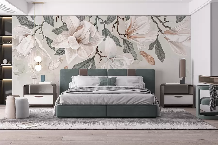 murales de pared Delicadas flores de magnolia rosa y blanca con hojas verdes sobre un fondo claro, una composición floral suave w07977