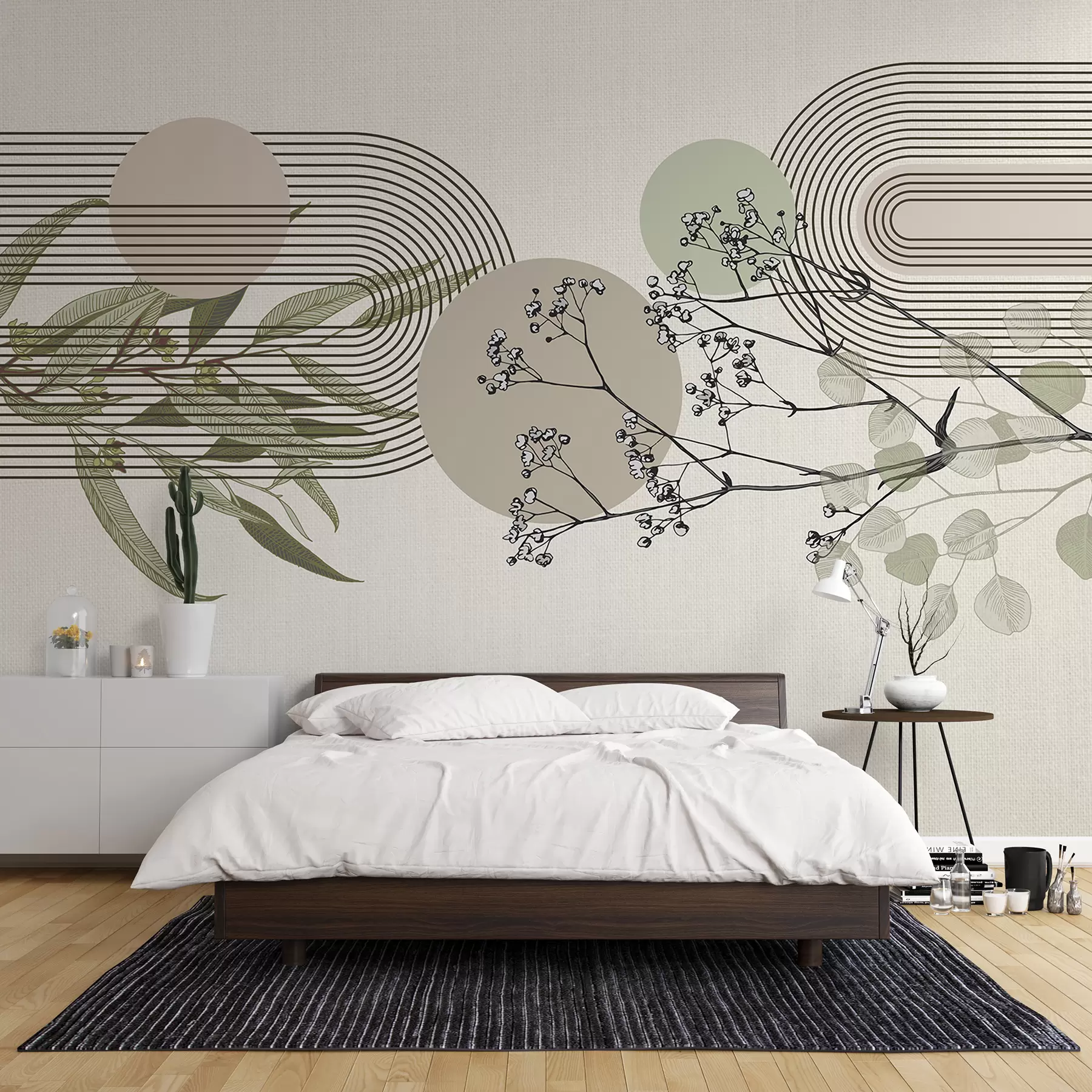 murales de pared Una abstracción minimalista con formas orgánicas, ramas de árboles estilizadas o plantas con delicados detalles florales w07979