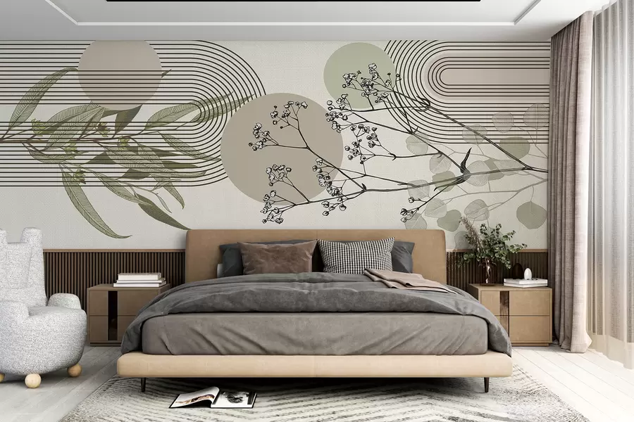 murales de pared Una abstracción minimalista con formas orgánicas, ramas de árboles estilizadas o plantas con delicados detalles florales w07979
